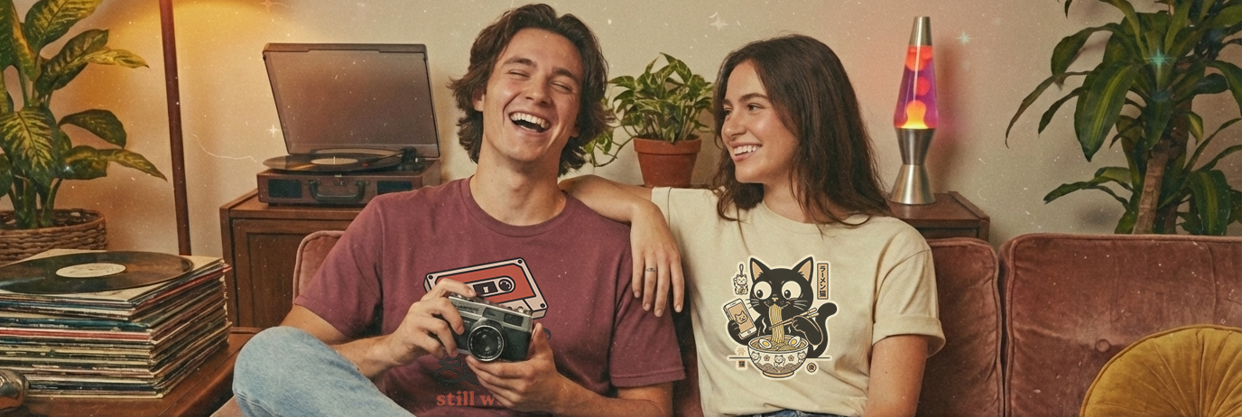 Two people sitting on a couch in a cozy living room with vinyl records and plants.